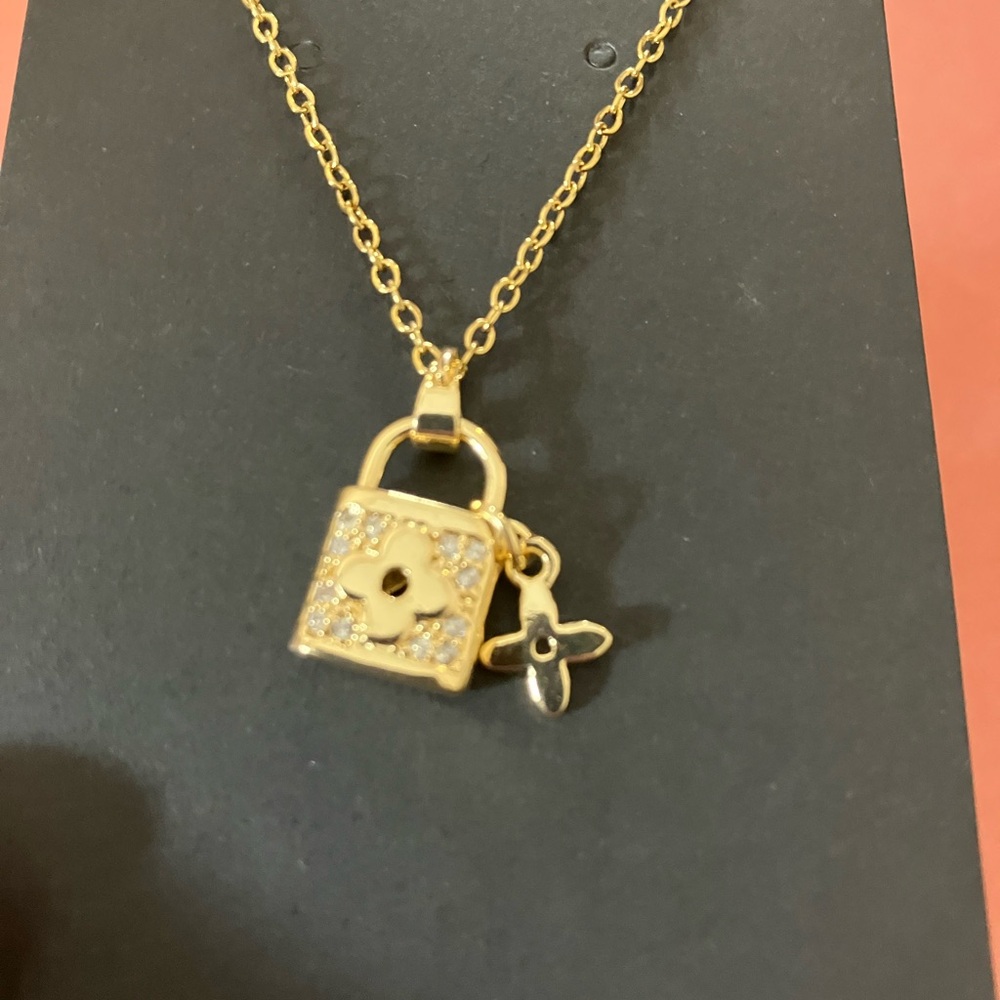 Gold Stainless Steel Inspired Lock Pendant Necklace - Picture 2 of 2